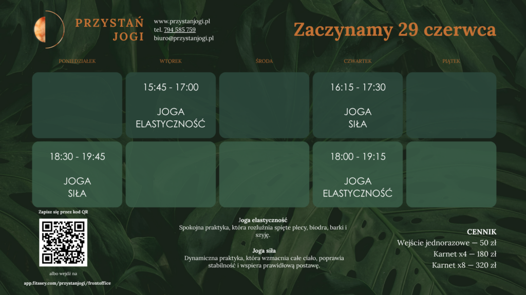 Aktualny tygodniowy grafik zajęć Przystań Jogi