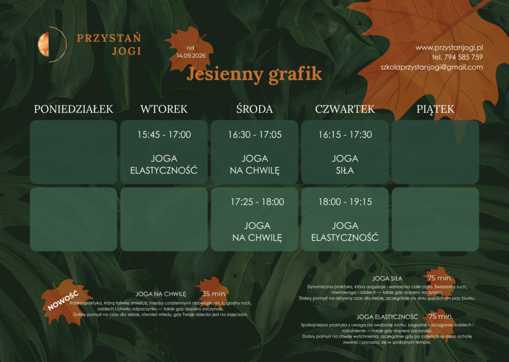 Aktualny tygodniowy grafik zajęć Przystań Jogi